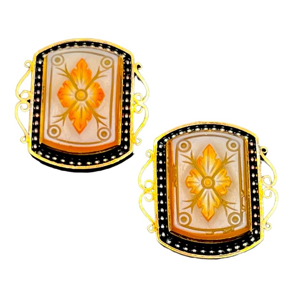 Antique Victorian 1880’s gold tone enamel resin ornate cuff buttons flowers